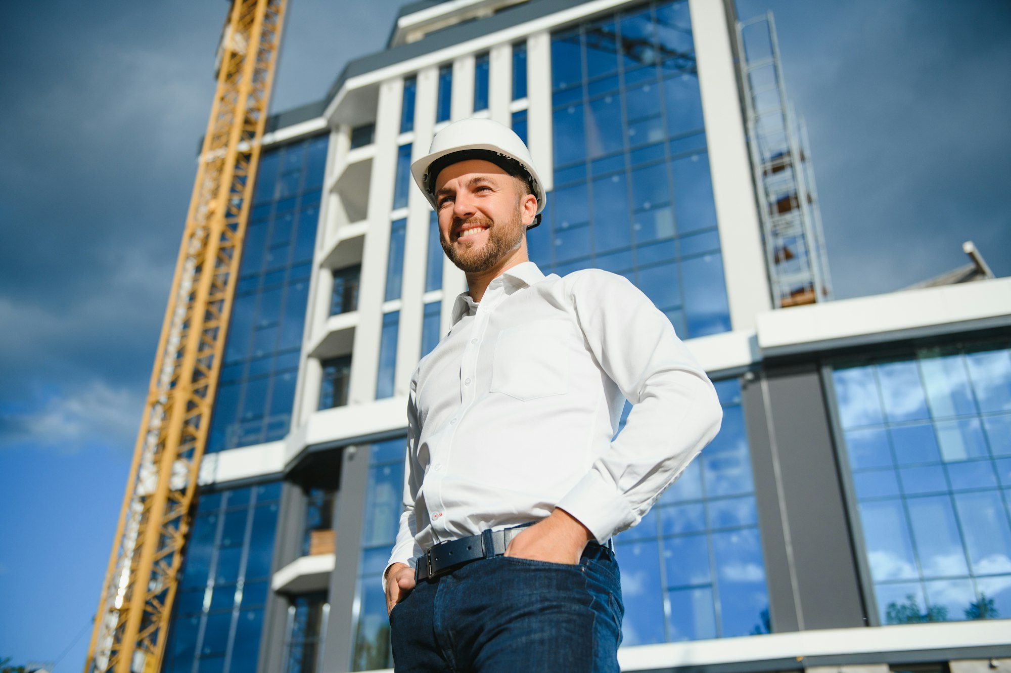 A construction worker control in the construction of roof structures on construction site